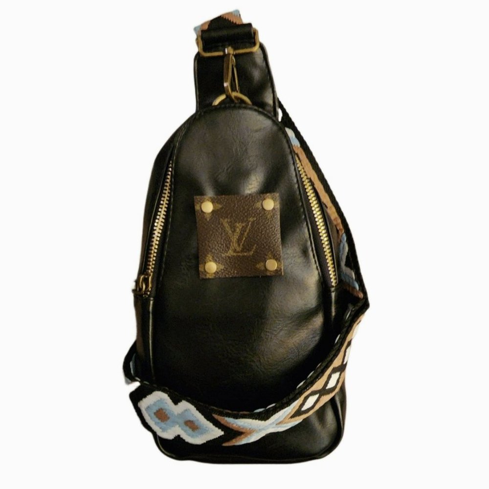 LV Leather Patch on Vegan Leather Crossbody Daypack with Woven Strap - Picture 3 of 4